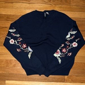 H&M Navy Sweater w/ Flower Embroidered Sleeves XS